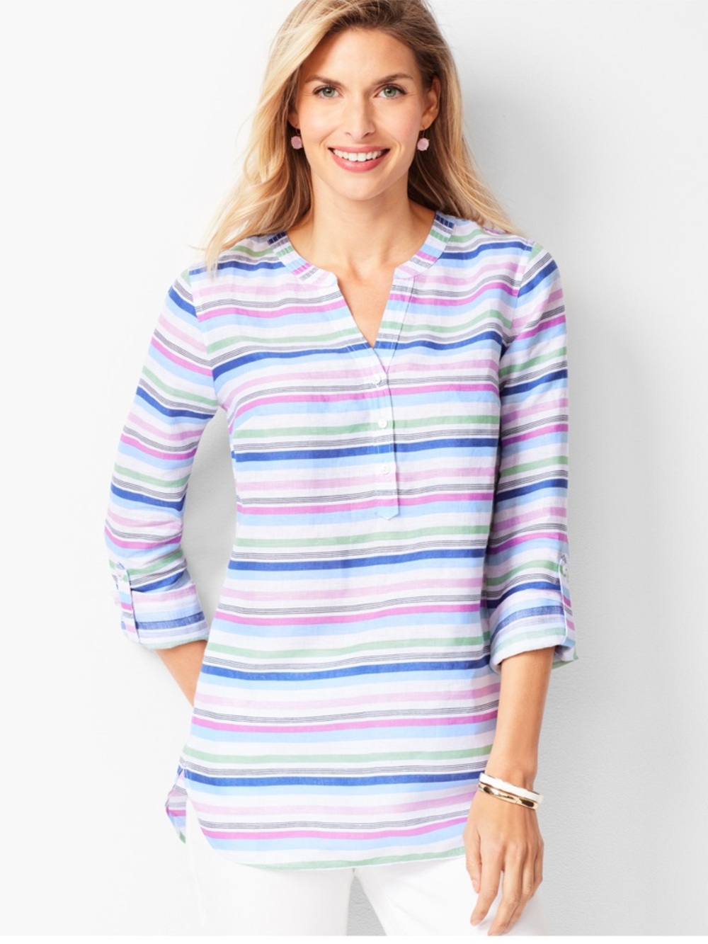Talbots Stripe Linen Camp Shirt with Roll Tab Long Sleeve Size Large